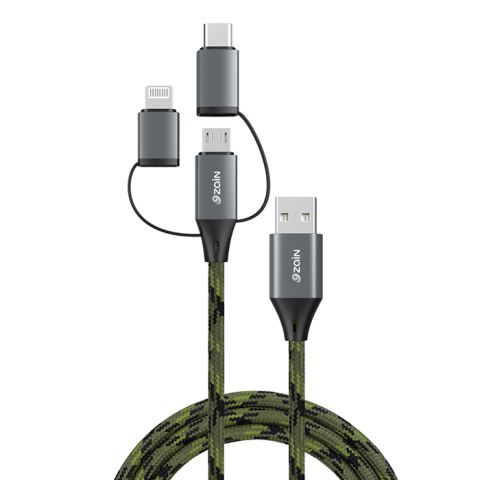 Zain ChargeLink  3-in-1  Charge and Sync 1.2M Cable 60W - Army