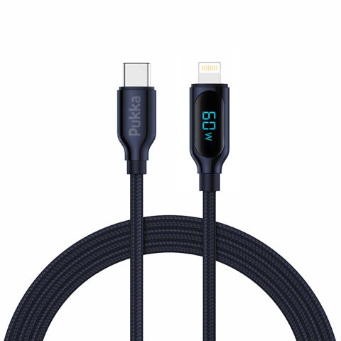 Pukka P-TransCordCL Cable USB-C to Lightning up to 60 Watt with Digital Screen-Black