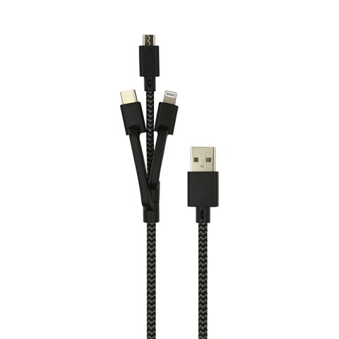 OllZ Rugged Design MFi Certified 3 in 1 Multifunctional Cable 1.2m - Black