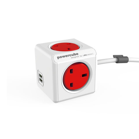 PowerCube Extended USB UK 4X Plug+2USB 1.5M - Red
