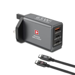 شاحن حائط SWISS MILITARY GaNII ‏65 واط 2C1A مع كابل USB-C إلى USB-C ‏60 واط